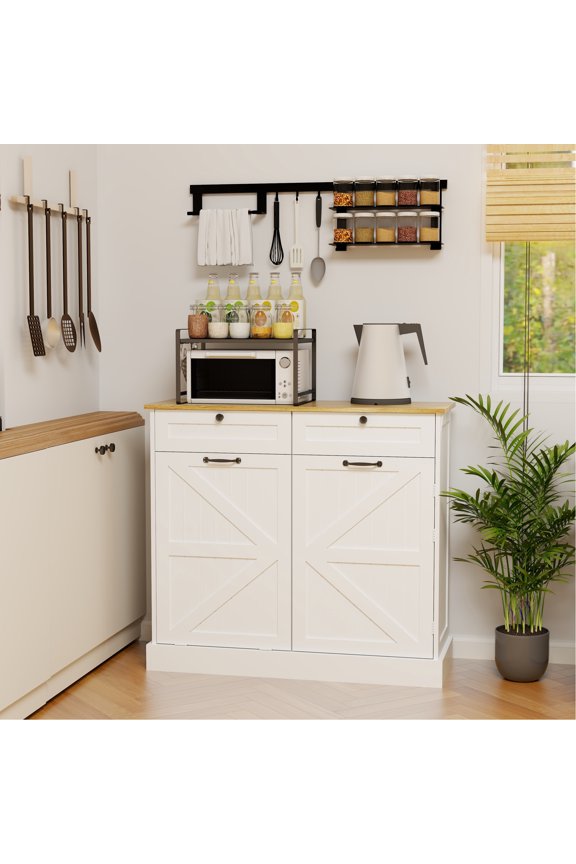 Kitchen Trash Storage In White With 2 Drawers, 1 Tilt Out Bin & Shelves Cabinet Rack - 120 Lbs