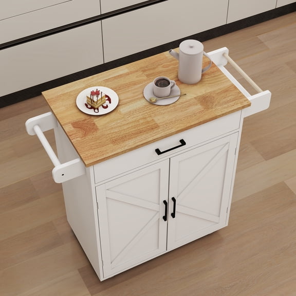 Kitchen Trolley Carts On Wheels Rolling Kitchen Island Cart With Rubberwood Countertop, With 1 Drawer 2 Doors, Towel Rack, For Kitchen Garage Home Office