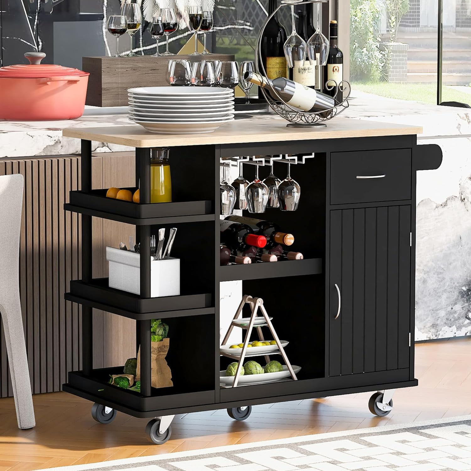 Kitchen Trolley, MultiFunctional Trolley With Open Storage And Wine