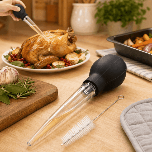 Kitchen Turkey Baster Syringe with Cleaning Brush, Heat Resistant Clear Cooking Baster Tool, 28ml Dual Scale Food Baster for Roasting Turkey, Chicken, Beef