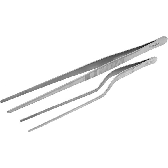 Kitchen Tweezers 10 Inch Straight and 8 Inch Offset - Culinary Precision Tongs Professional Kitchen Long Tweezers Set of 2 pieces - BBQ, Plating, Multi-use