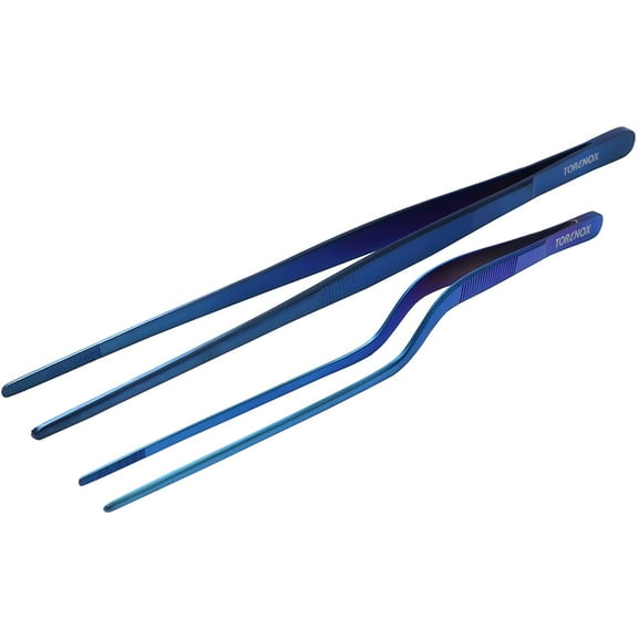 Kitchen Tweezers 10 Inch Straight and 8 Inch Offset - Culinary Precision Tongs Professional Kitchen Long Tweezers Set of 2 pieces - BBQ, Plating, Multi-use