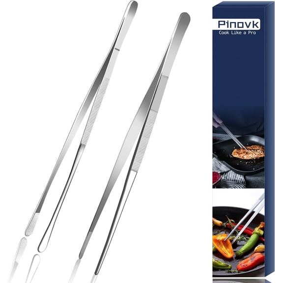Kitchen Tweezers Tongs, Cooking Tweezers Stainless Steel - 12-inch Ideal for Grilling Meat, BBQ, Pasta, Plating, and Pinching Delicate Small Pieces of Food, Set of 2