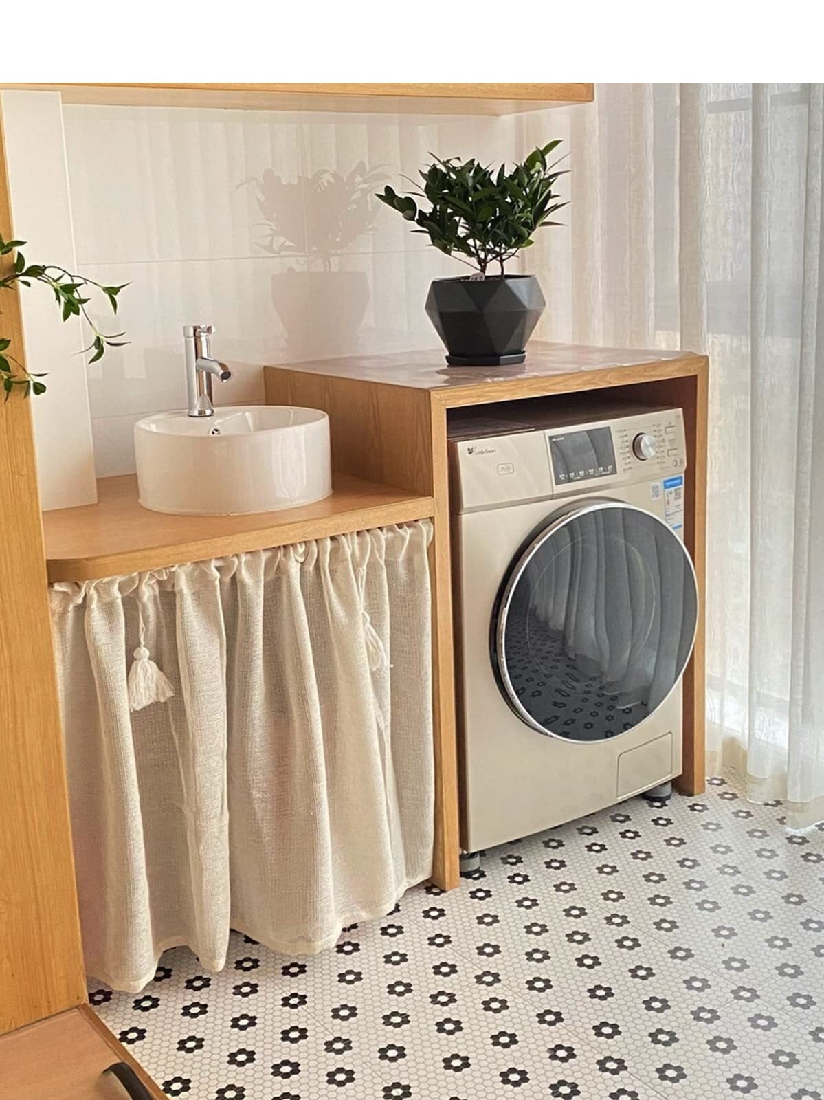 Kitchen Under Sink Solid Beige Linen Cotton Semi-Transparent Half Short Curtain for Small Window Door With Tassels, Rod Pocket