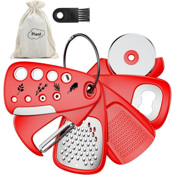 Kitchen Unique Gadgets Set 6 Pieces, Space Saving, Cheese Grater, Bottle Opener, Fruit Vegetable Peeler, Pizza Cutter, Garlic Ginger Grinder, Herb Stripper Gift Set