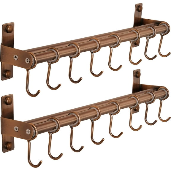 Kitchen Untentil Rail with 8 Hooks,Hanging Rack for Pots and Pans, Plants, Double Bars, Wall Mounted, Antique Copper, Pack of 2