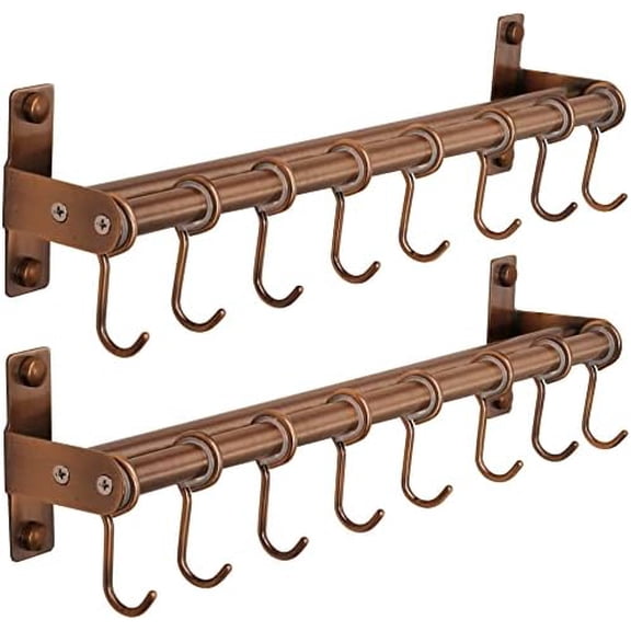 Kitchen Untentil Rail with 8 Hooks,Hanging Rack for Pots and Pans, Plants, Double Bars, Wall Mounted, Antique Copper, Pack of 2