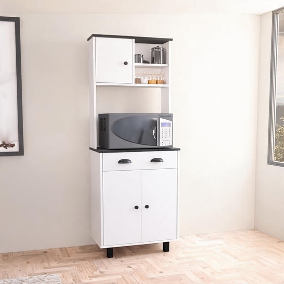 Kitchen Use Tall Pantry Storage Cabinet With Closed Cabinets, Open Shelves And Drawers, Engineered Wood Construction