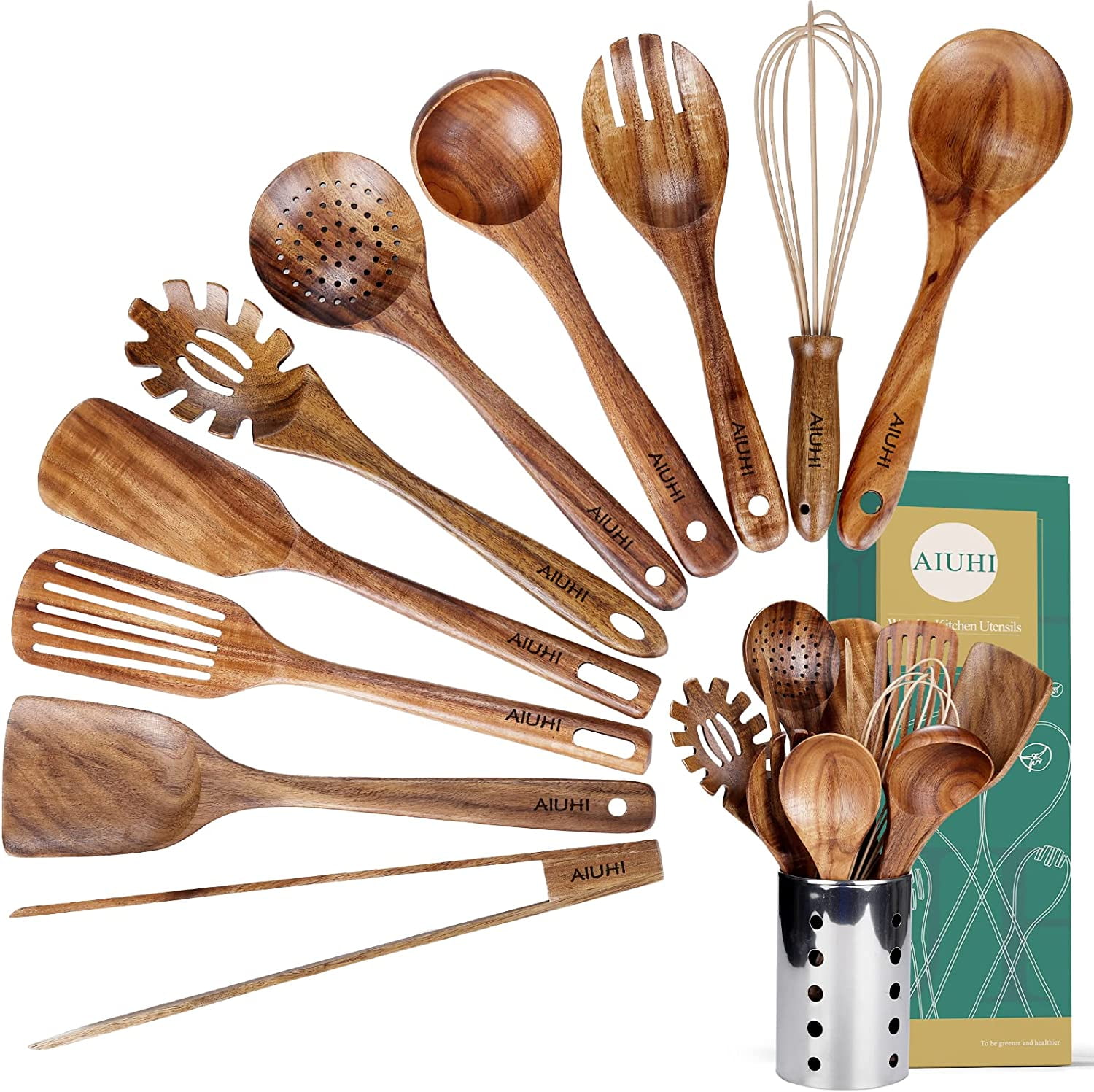 Kitchen Utenails Set with Holder,Kitchen Wooden Utensils for Cooking ...
