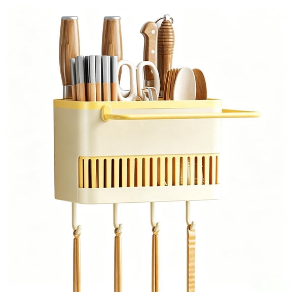 Kitchen Utensil Caddy, Wall Mount Countertop Organizer with Removable Dividers and Pull-Out Drain Tray