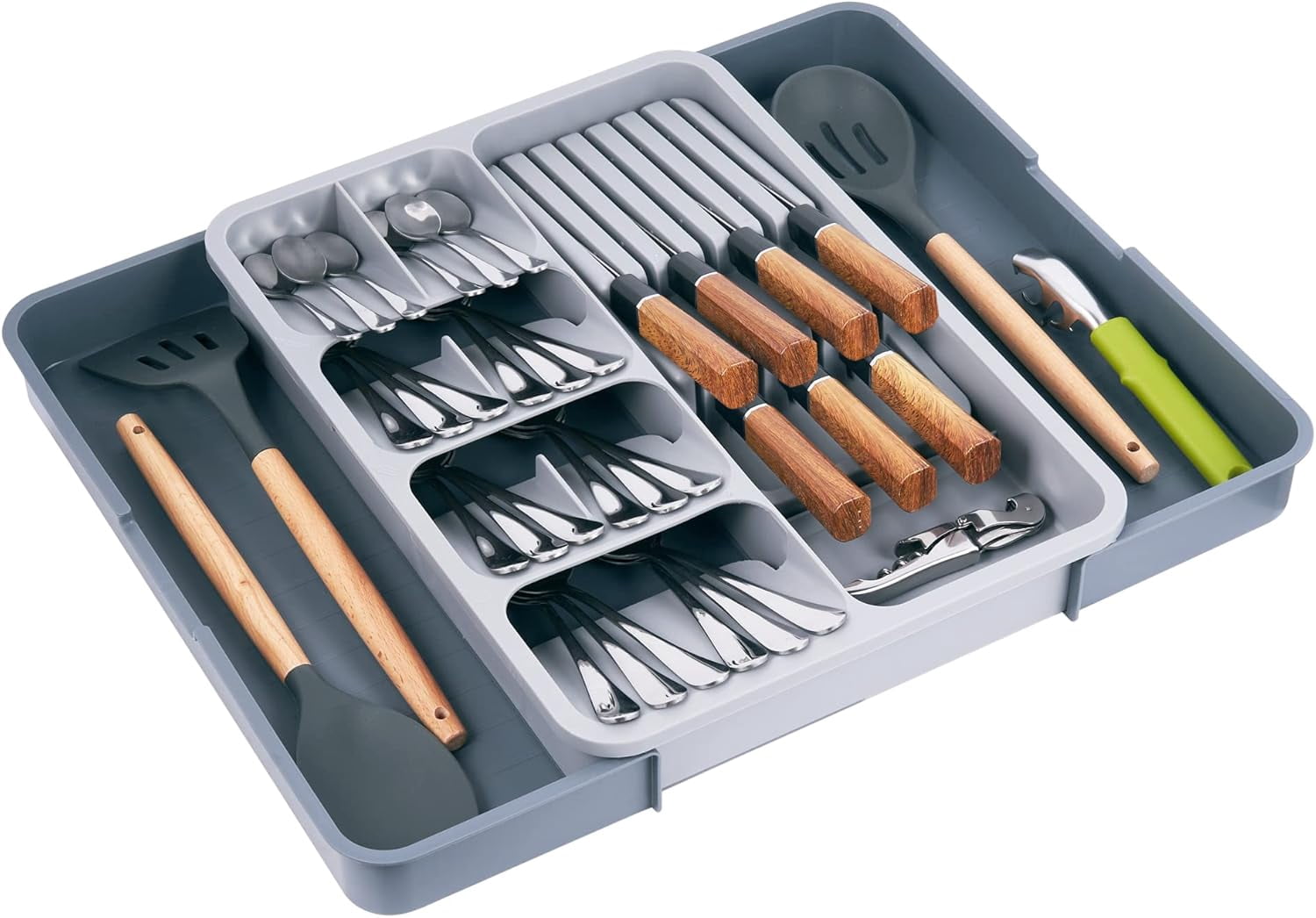 Kitchen Utensil Drawer Organizer Removable 2-Tier Knife Holder Expandable Cutlery Tray for Silverware Flatware and Utensils Large Dividers Spoons Forks Knives Gray