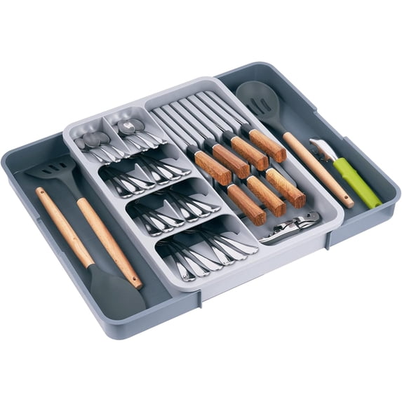 Kitchen Utensil Drawer Organizer, Removable 2-Tier Knife Holder, Expandable Cutlery Tray for Silverware, Flatware and Utensils, Large Kitchen Drawer Dividers for Spoons, Forks, Knives, Gray