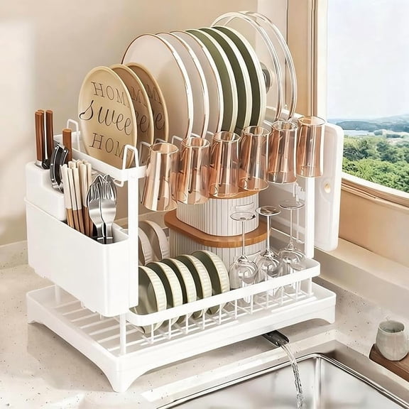 Kitchen Utensil Drying Rack with Drainage Tray, 2 Tier Detachable Dish Rack for Kitchen Counter, Large Capacity Dish Drainer Organizer & Space-Saving Utensil Holder (Black)