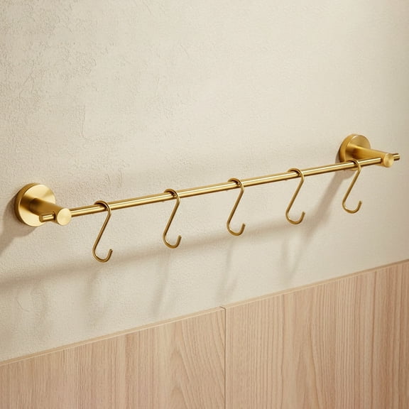 Kitchen Utensil Hanger with 5 Hooks, Stainless Steel Wall Mounted Rail Rack for Bathroom, Bedroom (Brushed Gold)