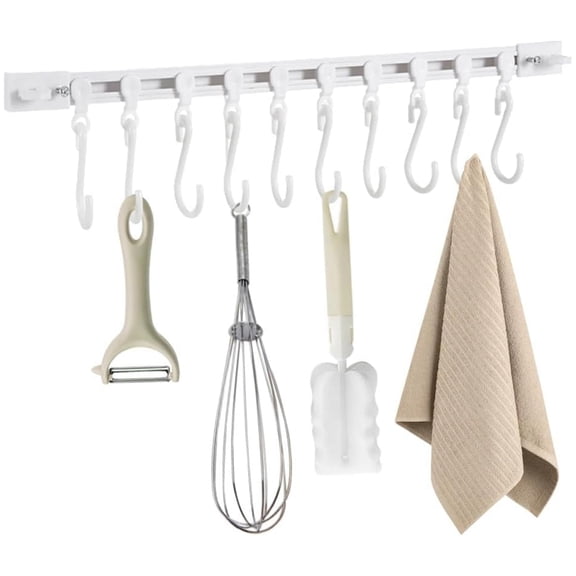 Kitchen Utensil Hanging Rack Slide Rail Hook No Drilling Wall Mounted Utensil Holder Self-Adhesive Track Row Hook with 10 Hooks Hanger for Kitchen Bathroom 1 Pc,15.75 inch