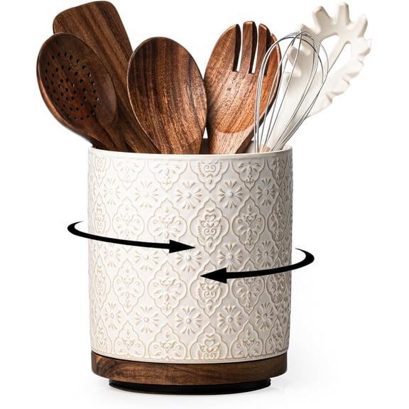 Kitchen Utensil Holder, 360 Rotating Extra Large Ceramic Utensil Holder with Embossed Pattern, 7.3 Cooking Utensil Crocks for Kitchen Countertop, Home Decor, Off-White