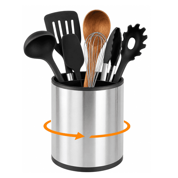 Kitchen Utensil Holder, 360° Rotating Stainless Steel Utensil Holder for Countertop, 3 Compartment Cooking Utensil Holder with Removable Divider, Drainage Base