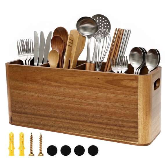 Tzdxfgl Kitchen Utensil Holder with 4 Adjustable Compartments, Wall Mount and Countertop Acacia Wood Utensil Organizer, Large Wooden Silverware Storage Caddy for Cooking Tools, Spatulas, Spoons