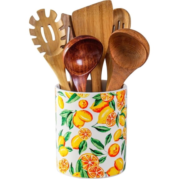 Kitchen Utensil Holder, 6.3" Ceramic Cooking Utensil Holder for Countertop, Large Utensil Crocks for Kitchen Counter Decor, Modren Utensil Organizer Decorative Fruit patterns (Yellow Lemon, 6.3 Inch)