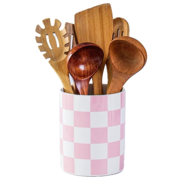 Kitchen Utensil Holder 6.3 Inch Checkered Ceramic Cooking Modern Crocks For Counter-farmhouse Housewarming Gift Decor And Accessories (pink 6.3 Inch)
