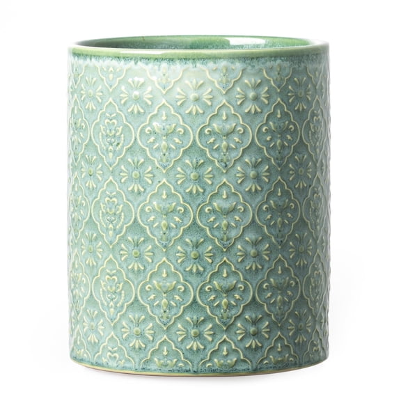 Kitchen Utensil Holder 6x7 Inch Large Ceramic With Embossed Pattern Cooking Crocks For Countertop Home Decor Forest Green
