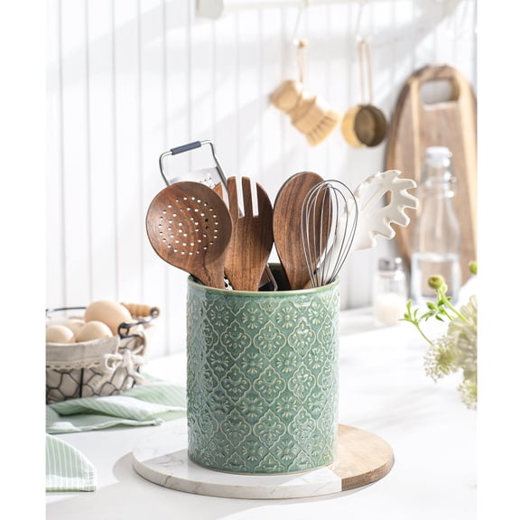 Kitchen Utensil Holder 6x7 Inch Large Ceramic With Embossed Pattern Cooking Crocks For Countertop Home Decor Forest Green