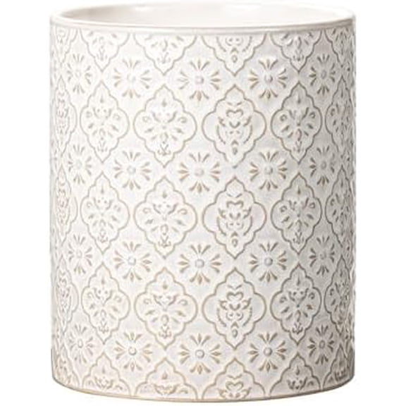 Kitchen Utensil Holder, 6x7 inch Large Ceramic Utensil Holder with Embossed Pattern, Cooking Utensil Crocks for Kitchen Countertop, Home Decor, Off-White