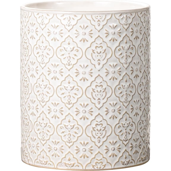 Kitchen Utensil Holder, 6x7 inch Large Ceramic Utensil Holder with Embossed Pattern, Cooking Utensil Crocks for Kitchen Countertop, Home Decor, Off-White