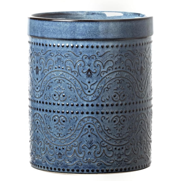Kitchen Utensil Holder, 7 Inches Large Ceramic Utensil Holder for Countertop, Lace Emboss Cooking Utensil Crocks for Kitchen, Home Decor, Reactive Blue