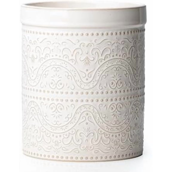 Kitchen Utensil Holder, 7 Inches Large Ceramic Utensil Holder for Countertop, Lace Emboss Cooking Utensil Crocks for Kitchen, Home Decor, Off-White