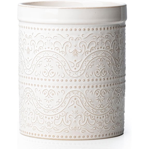 Kitchen Utensil Holder, 7 Inches Large Ceramic Utensil Holder for Countertop, Lace Emboss Cooking Utensil Crocks for Kitchen, Home Decor, Off-White