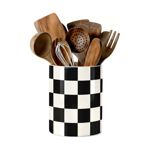 Kitchen Utensil Holder, Black and White Checkered Ceramic Utensil Holder , Cooking Utensil Crocks for Kitchen Countertop, Kitchen Decorations Rustic Farmhouse Decor