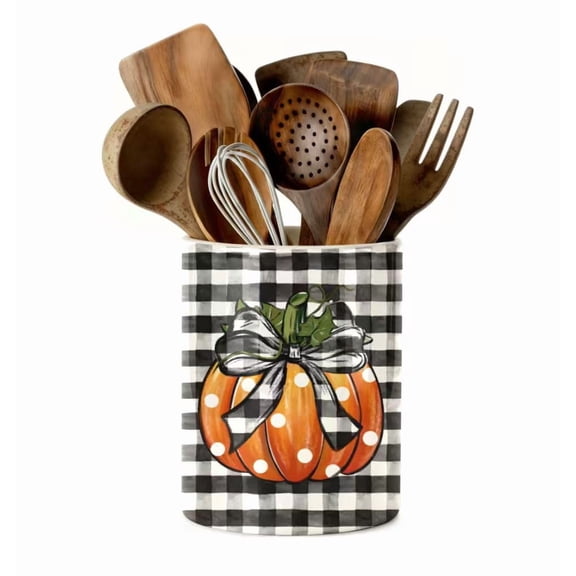 Kitchen Utensil Holder, Black and White Checkered Ceramic Utensil Holder , Cooking Utensil Crocks for Kitchen Countertop, Kitchen Decorations Rustic Farmhouse Decor