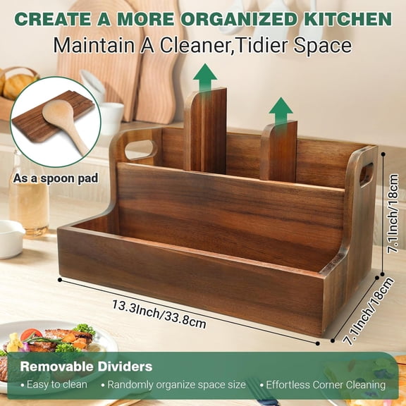 Kitchen Utensil Holder for Countertop with 4 Compartments Acacia Large Utensil Holder Wooden Storage for Cooking,Baking,Flatware Tool Kitchen Utensil Organizer