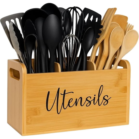 Kitchen Utensil Holder for Countertop - Large 3-Compartment Organizer &  with Drain Holes, Farmhouse Utensil Holder for Kitchen Counter, Rustic  Storage for Spoons & Spatulas