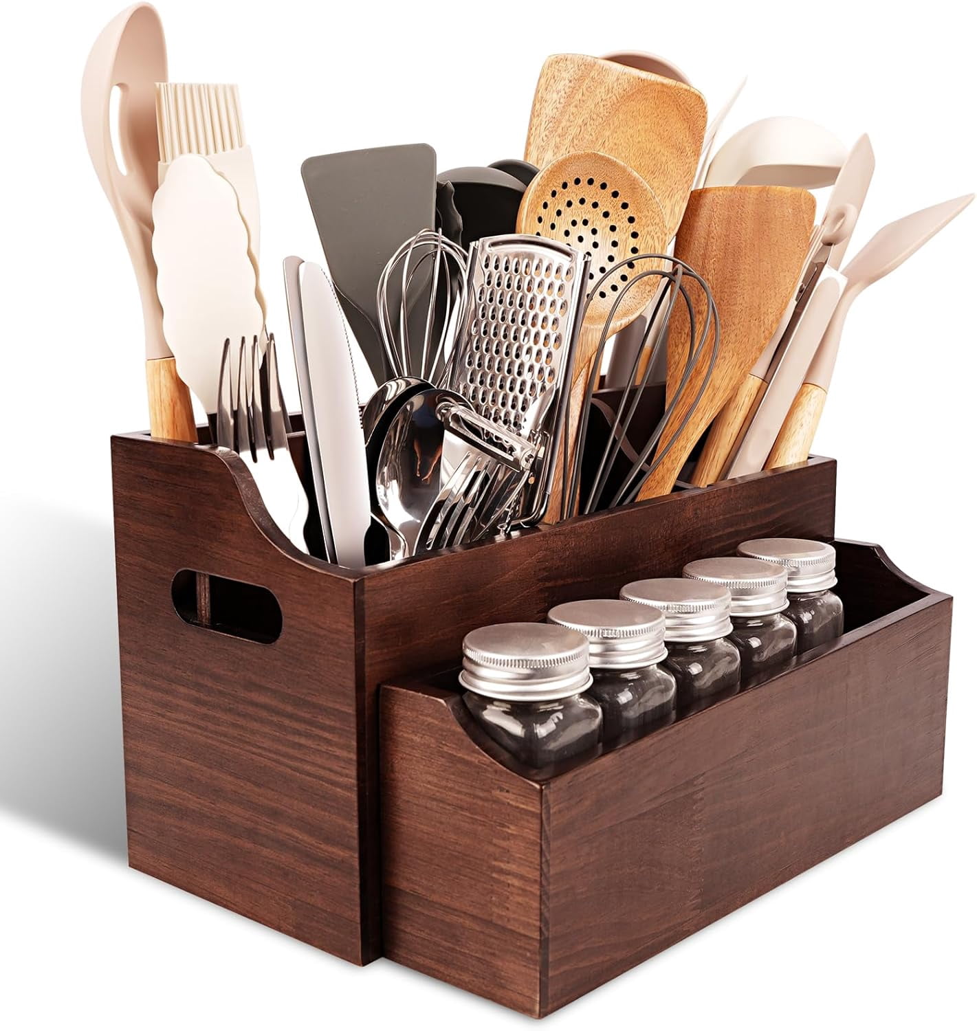Kitchen Utensil Holder for Countertop, Large Wood Organizer for Utensil Crock with Spoon Rest, Farmhouse Cooking Utensil Holder with 7 Compartments, Wall Mount Rustic Wooden Storage for Cooking Tools