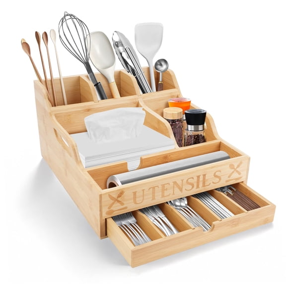 Kitchen Utensil Holder with Drawer, Farmhouse Spatula Organizer Countertop,Large Capacity Flatware Spoon Forks Knives Cooking Tool Cutlery Holder Party Picnic BBQ with 11 Compartments (Wood) Y101