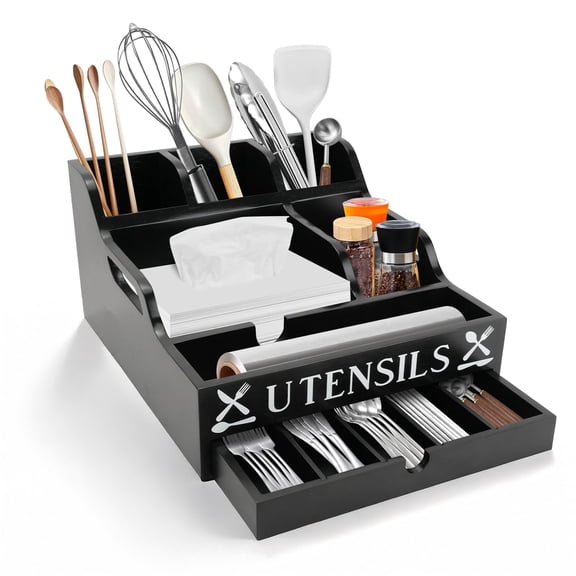 Kitchen Utensil Holder with Drawer, Farmhouse Spatula Organizer Countertop,Large Capacity Flatware Spoon Forks Knives Cooking Tool Cutlery Holder Party Picnic BBQ with 11 Compartments(Black) Y101