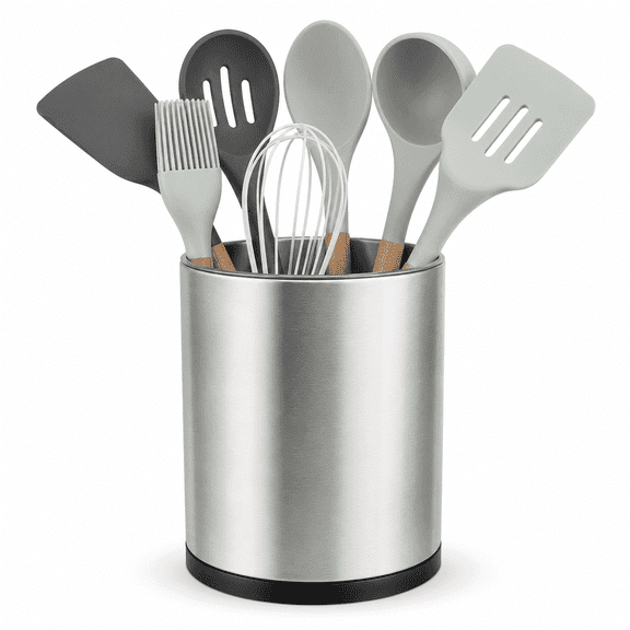 PLERISE 360° Rotating Kitchen Utensil Holder - Stainless Steel, Large, 3 Compartment, for Counter Storage - Silvery