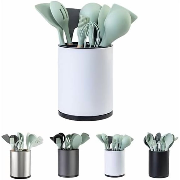 Kitchen Utensil Holder Extra Large 360°Rotating For Counter Organizer Stainless Steel Storage Cooking Silverware Caddy 3 Compartment Flatware Spoon Spatula Tool Cutlery Container(White)