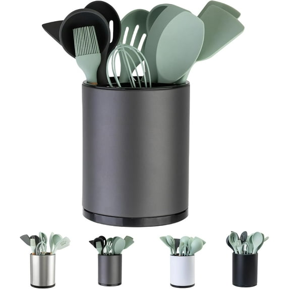 Kitchen Utensil Holder Extra Large 360°Rotating For Counter Organizer Stainless Steel Storage Cooking Silverware Caddy Flatware 3 Compartment Flatware Spoon Spatula Lazy Susan(Silvery)