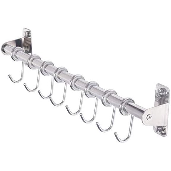 Kitchen Utensil Holder Hanger, Pot and Pan Rack Wall Mount, Kitchen Rail with 8 Hooks for Hanging Cooking Utensils, Mugs, Spoons, Wall Mounted, Stainless Steel, Chromed