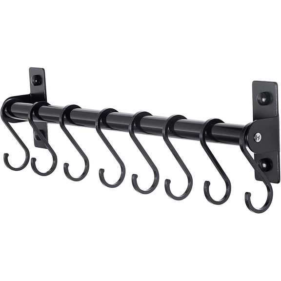 Kitchen Utensil Holder Hanger, Pot and Pan Rack Wall Mounted, Kitchen Rail with 8 Hooks for Hanging Cooking Utensils, Mugs, Spoons, Wall Mounted, Black
