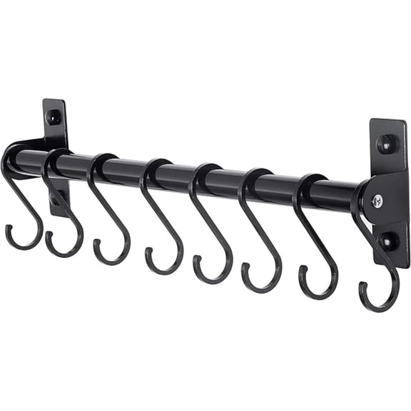 Kitchen Utensil Holder Hanger, Pot and Pan Rack Wall Mounted, Kitchen Rail with 8 Hooks for Hanging Cooking Utensils, Mugs, Spoons, Wall Mounted, Black