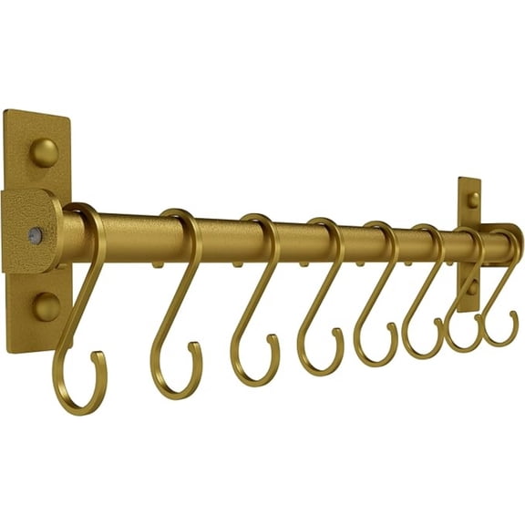 Kitchen Utensil Holder Hanger, Pot and Pan Rack Wall Mounted, Kitchen Rail with 8 Hooks for Hanging Cooking Utensils, Mugs, Spoons, Wall Mounted, Gold