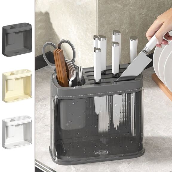 Kitchen Utensil Holder and Knife Block Organizer, Plastic Countertop Rack with Compartments for Knives, Forks, Spoons and Chopsticks, Multi Slot Kitchen Counter Storage
