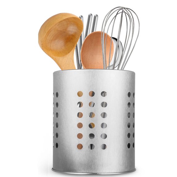 Kitchen Utensil Holder, Stainless Steel Cooking Utensil Holder, Flatware Cylinder Caddy for Forks Spoons Spatulas Chopsticks, Brushed Stainless Steel Utensil Holder with Drain Holes