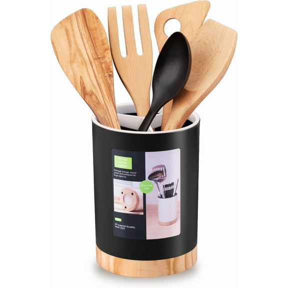 Kitchen Utensil Holder Tableware Storage Bucket Spoon Chopsticks Fork Drain Rack Crock for Counter Household 3-Format Drainer with Removable Divider and Wooden Base