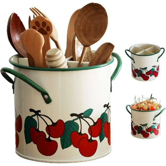 Kitchen Utensil Holder Vintage Cherry Painted Utensil Caddy with Detachable Divider 4 Compartment Iron Utensil Organizer with Drain Hole for Kitchen Accessory for Kitchen