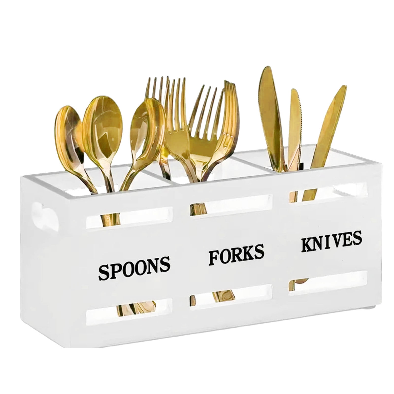 Dyikiti Wooden Utensil Holder - 3-Compartment Countertop Caddy With Handle, Farmhouse Style (White)